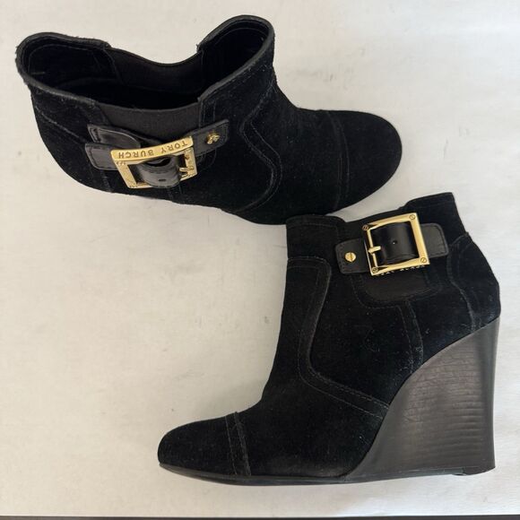 Tory Burch Adrienne Black Suede Wedge Heel Chelsea Ankle Boot Women 6 M Chic - Picture 12 of 12